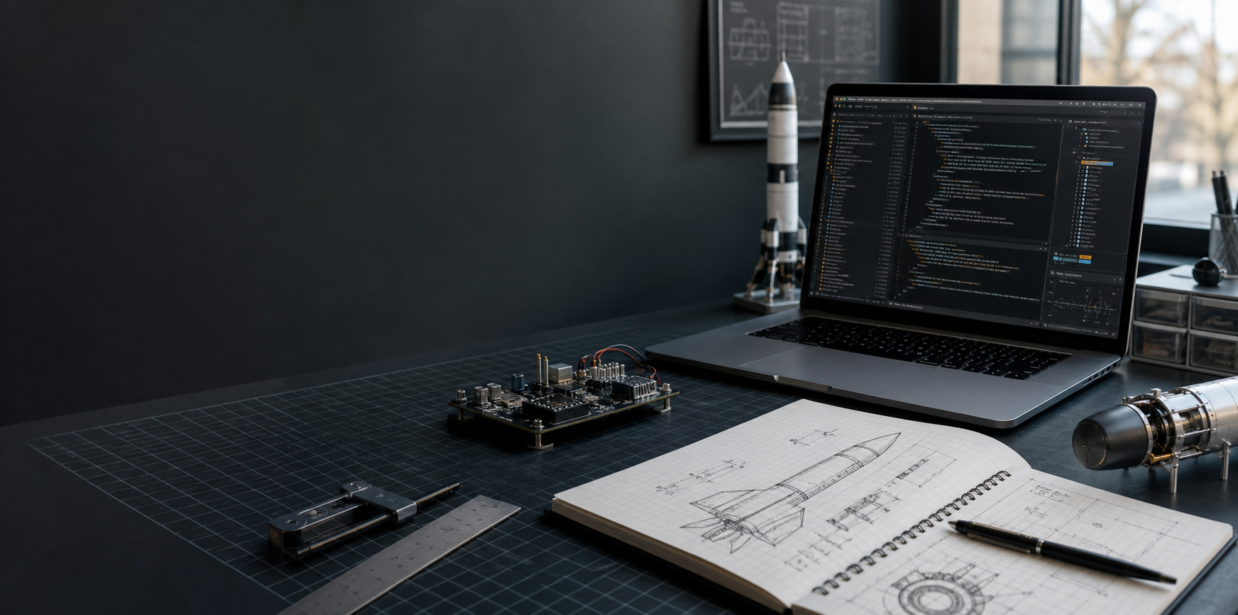Engineering workspace with laptop, electronics, and aerospace notes