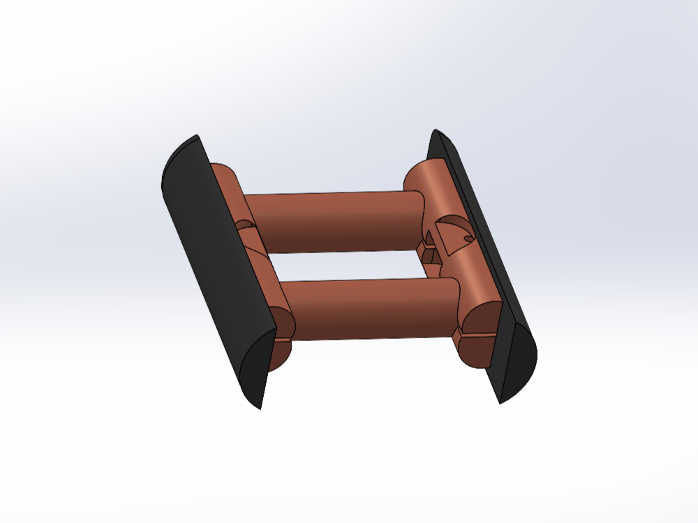SolidWorks model of the railgun contact assembly with copper rods and black side plates